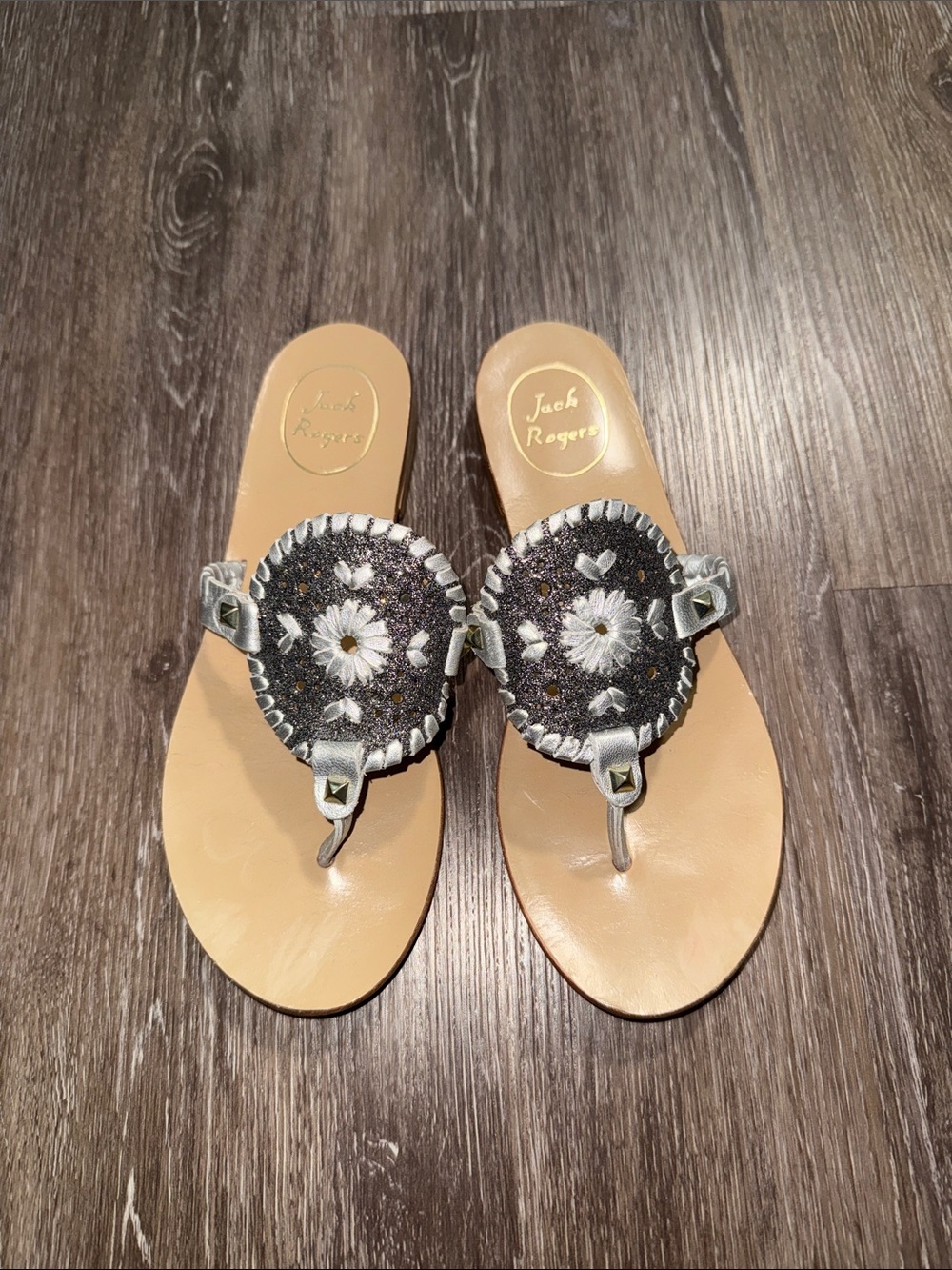 Jack Rogers sandals in metallic silver and charcoal gray